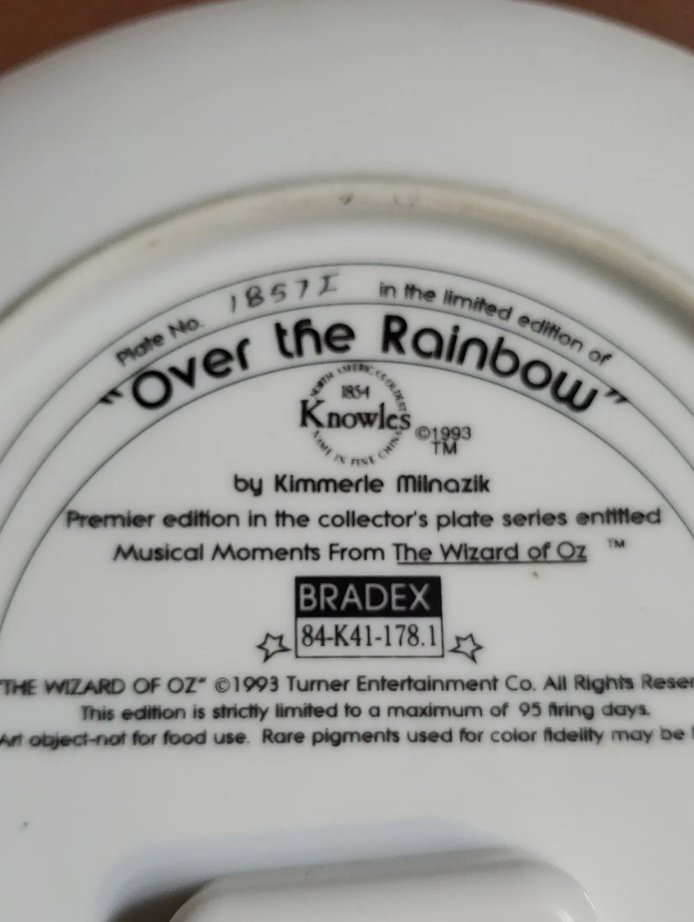 Vintage 1993 Wizard of Oz Collection Plate Knowles Turner Entertainment Musical